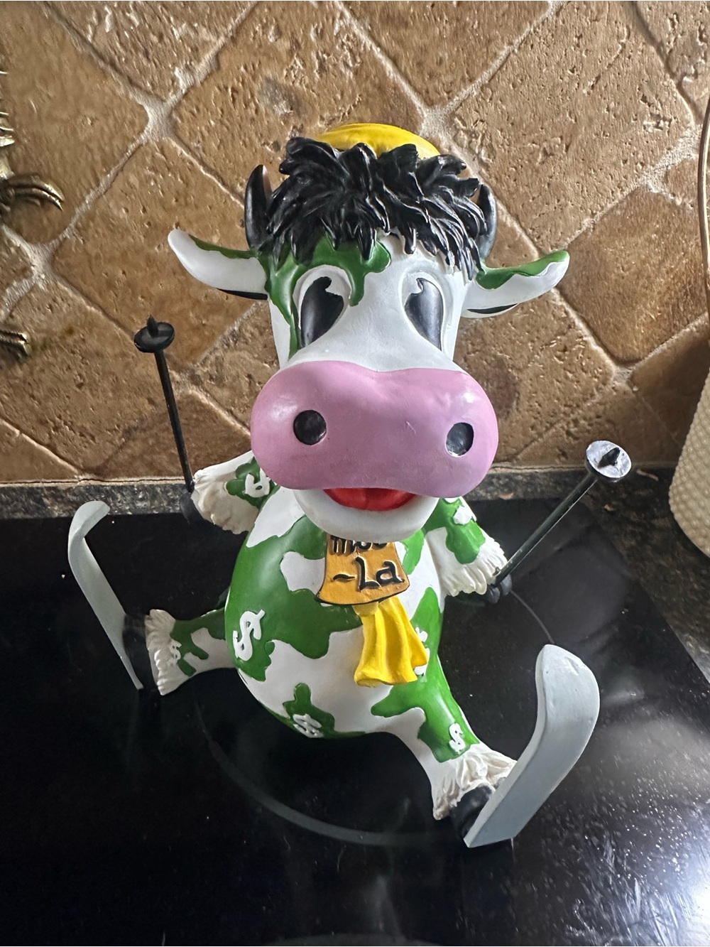 Green and White Skiing Cow Figurine Toy with Pink Snout - Unbranded